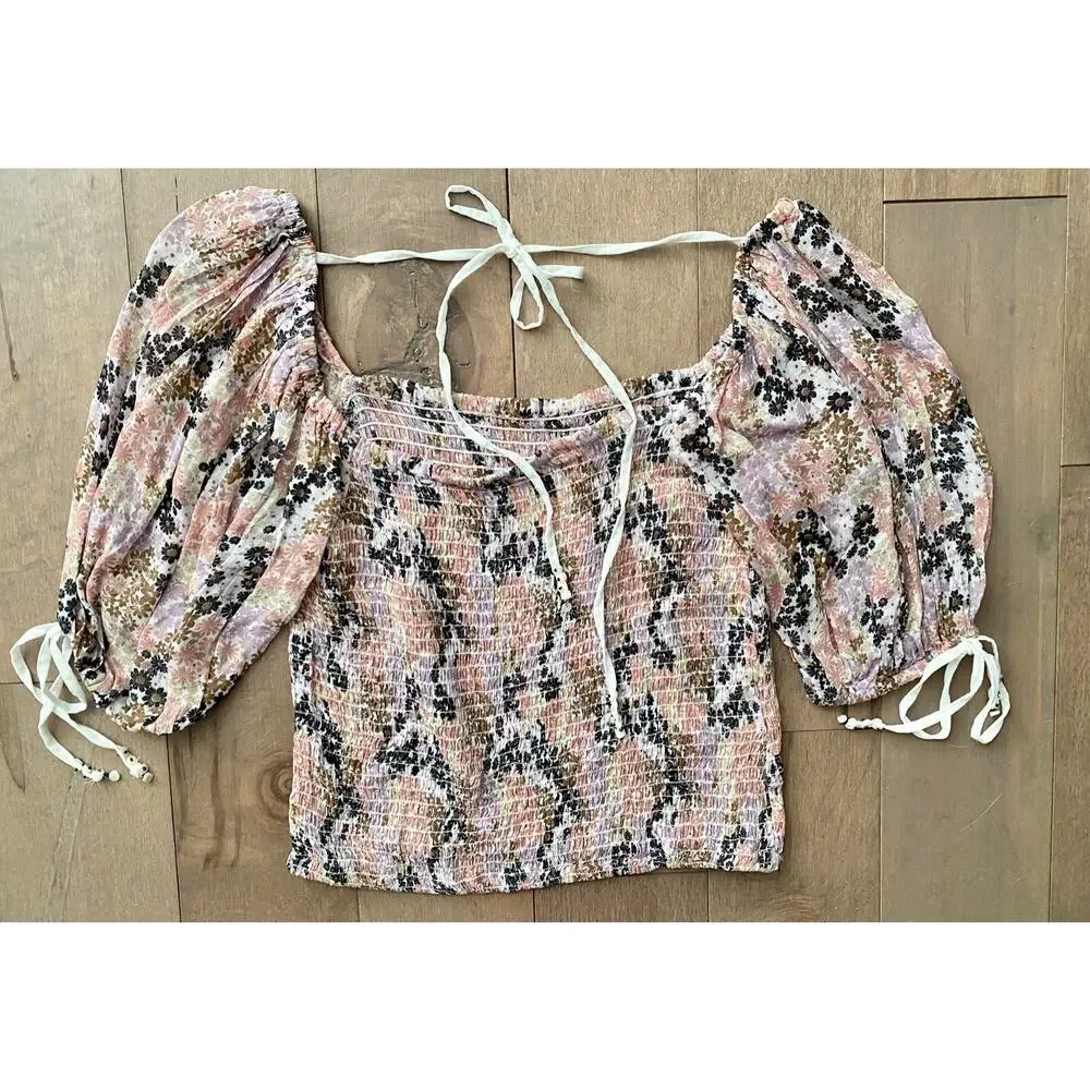 Free People Top Soft Combo Back on Top Cropped Blouse Ties at Back & Sleeves Top